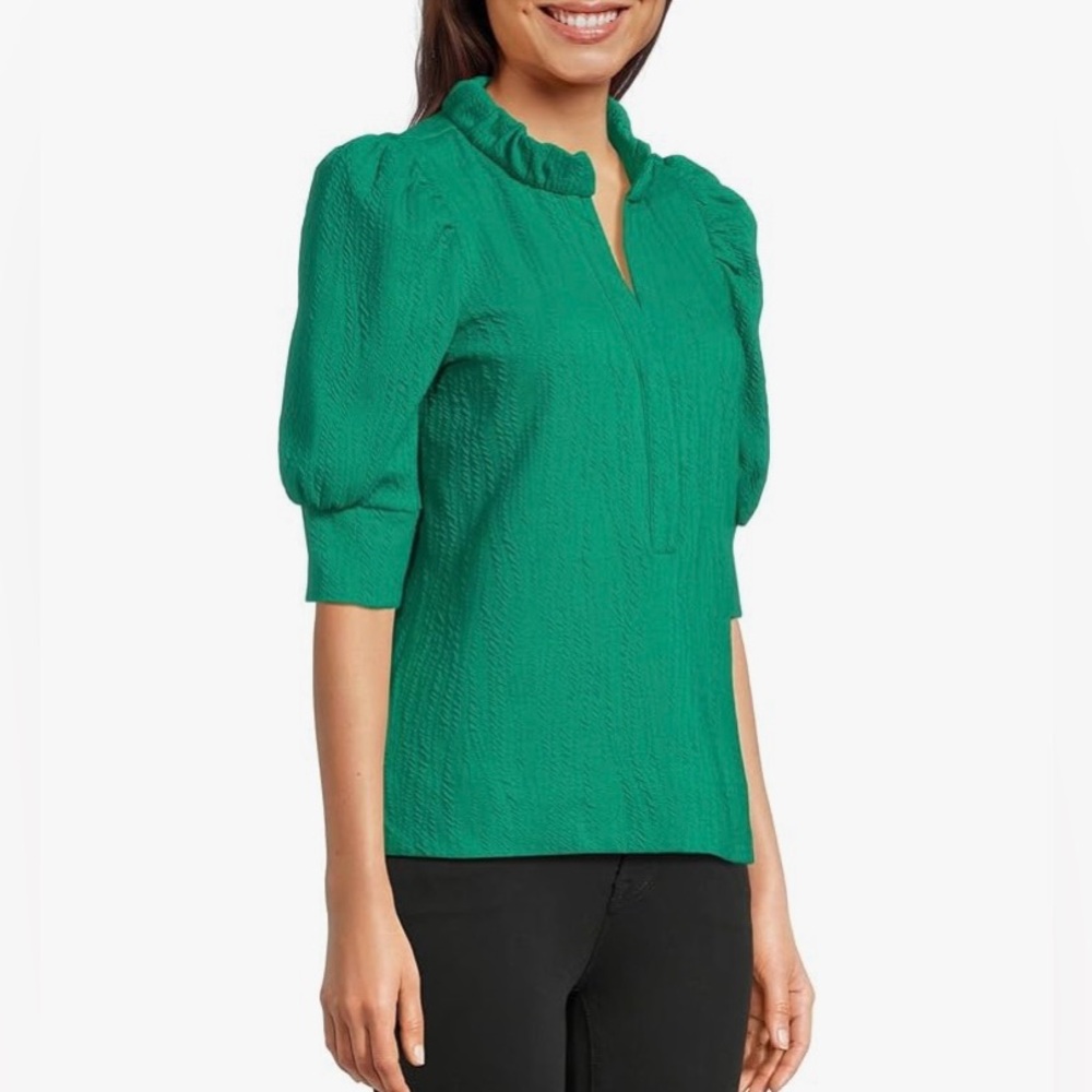 Lilly Pulitzer size M Elsey Knit Top green ruffle collar puff sleeves. - Picture 9 of 14